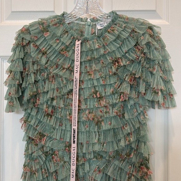 NWT Mac Duggal 8014 Green Ruffle Tiered Short Sleeve A Line Dress Size 6 - Picture 8 of 15
